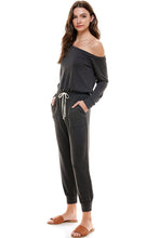 Load image into Gallery viewer, Off Shoulder Long Sleeve French Terry Jumpsuit - Charcoal