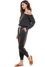 Load image into Gallery viewer, Off Shoulder Long Sleeve French Terry Jumpsuit - Charcoal