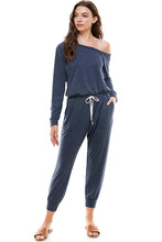 Load image into Gallery viewer, Off Shoulder Long Sleeve French Terry Jumpsuit - Navy
