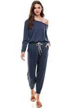 Load image into Gallery viewer, Off Shoulder Long Sleeve French Terry Jumpsuit - Navy