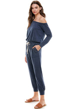 Load image into Gallery viewer, Off Shoulder Long Sleeve French Terry Jumpsuit - Navy