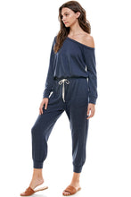 Load image into Gallery viewer, Off Shoulder Long Sleeve French Terry Jumpsuit - Navy