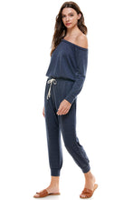 Load image into Gallery viewer, Off Shoulder Long Sleeve French Terry Jumpsuit - Navy