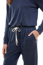 Load image into Gallery viewer, Off Shoulder Long Sleeve French Terry Jumpsuit - Navy