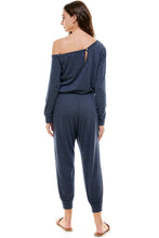Load image into Gallery viewer, Off Shoulder Long Sleeve French Terry Jumpsuit - Navy