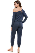 Load image into Gallery viewer, Off Shoulder Long Sleeve French Terry Jumpsuit - Navy