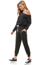 Load image into Gallery viewer, Off Shoulder Long Sleeve French Terry Jumpsuit - Charcoal
