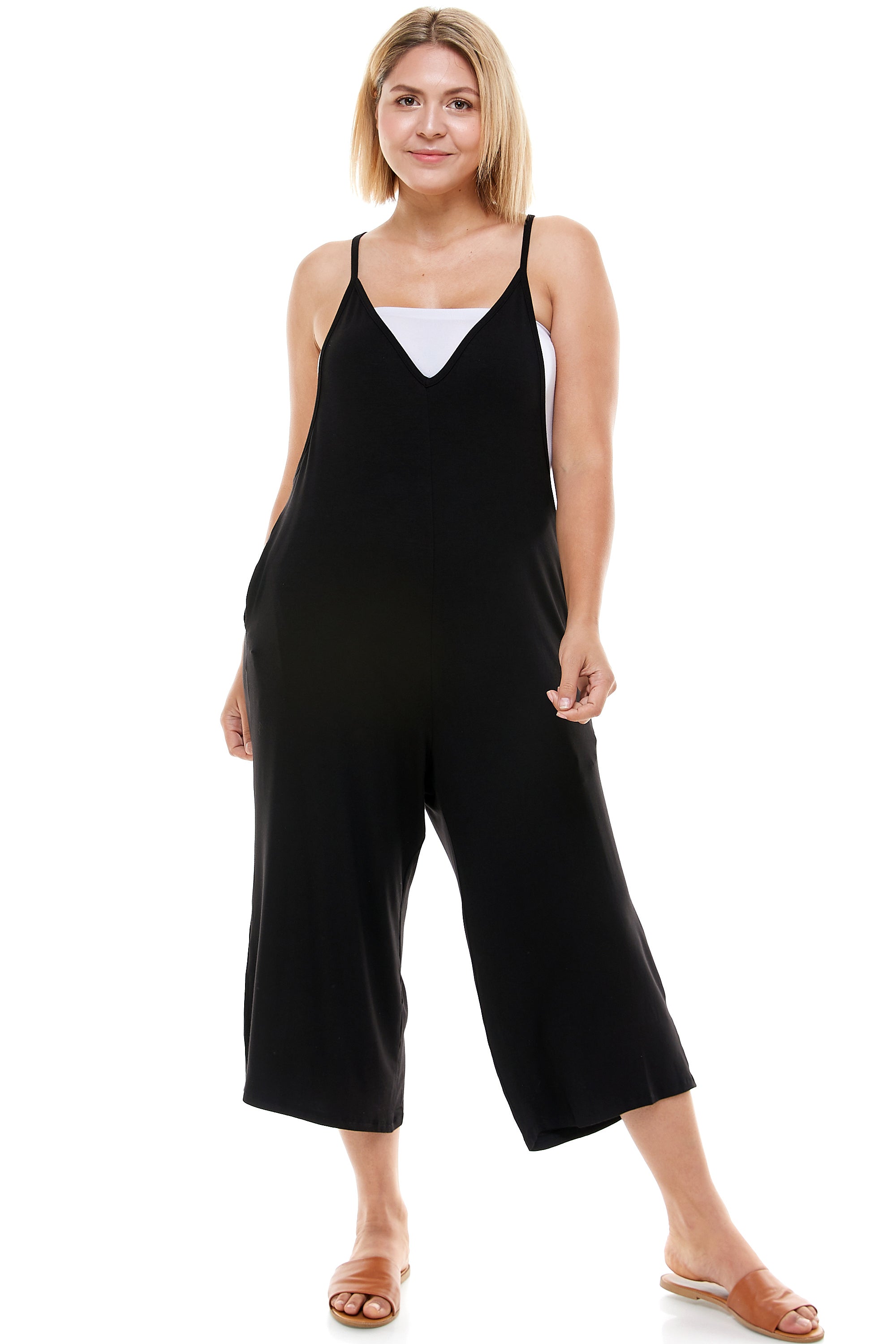 PLUS SIZE Loose Fit V Neck Capri Jumpsuits Loving People