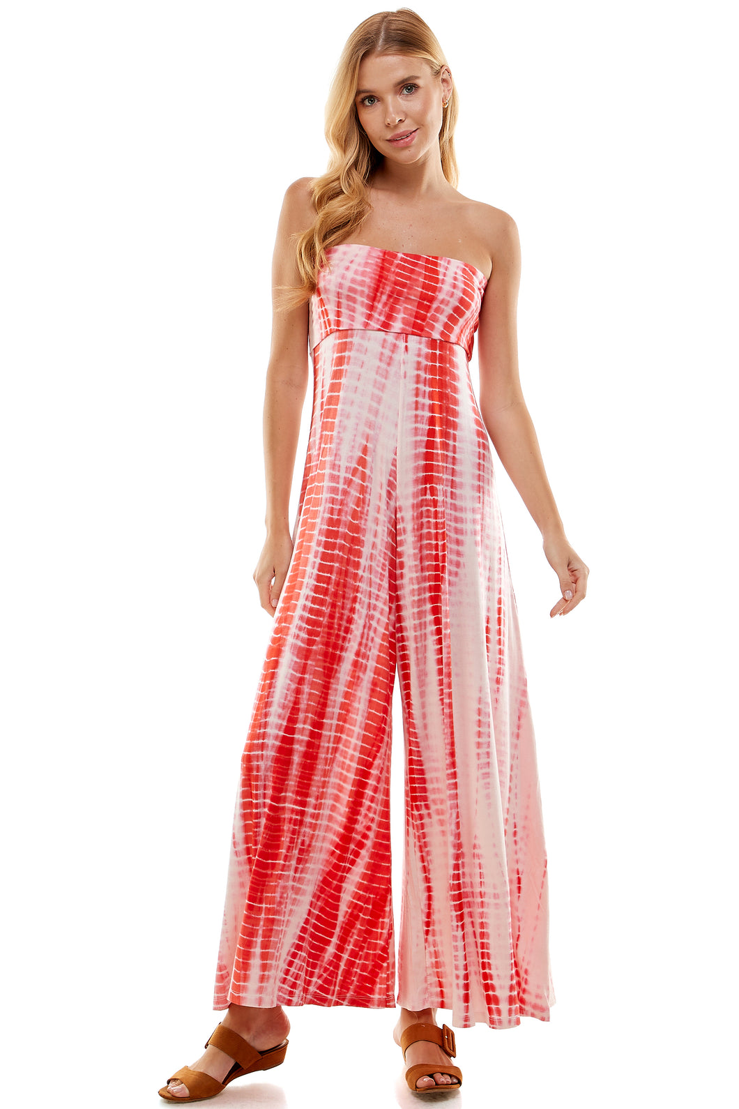 Bamboo Hand Tie Dye Fold Over Tube Strapless Jumpsuit - White/Coral