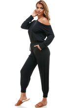 Load image into Gallery viewer, Off Shoulder Long Sleeve French Terry Jumpsuit