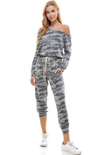 Load image into Gallery viewer, Camo Off Shoulder Long Sleeve French Terry Jumpsuit