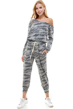 Load image into Gallery viewer, Camo Off Shoulder Long Sleeve French Terry Jumpsuit