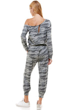 Load image into Gallery viewer, Camo Off Shoulder Long Sleeve French Terry Jumpsuit