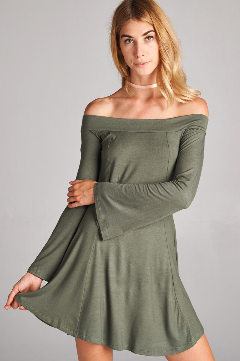 slim fit dress slacks Olive-green off-the-shoulder dress main image 1