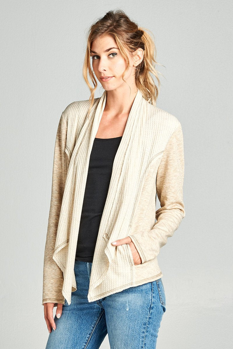 Waffle Thermal Long Sleeve Open Front Raw Edge Cardigan - Oatmeal