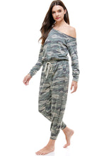 Load image into Gallery viewer, Off Shoulder Camo French Terry Jumpsuit

