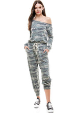Load image into Gallery viewer, Off Shoulder Camo French Terry Jumpsuit

