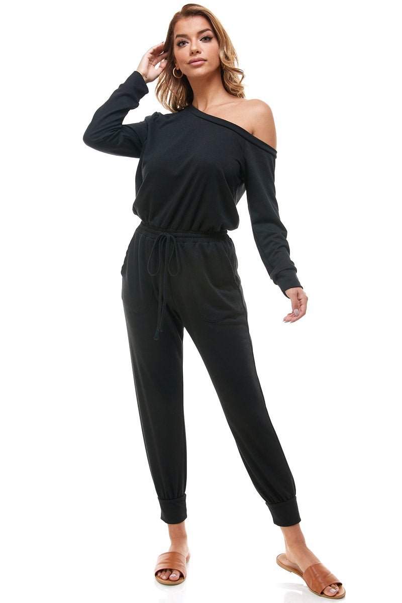 Off Shoulder Long Sleeve French Terry Jumpsuit