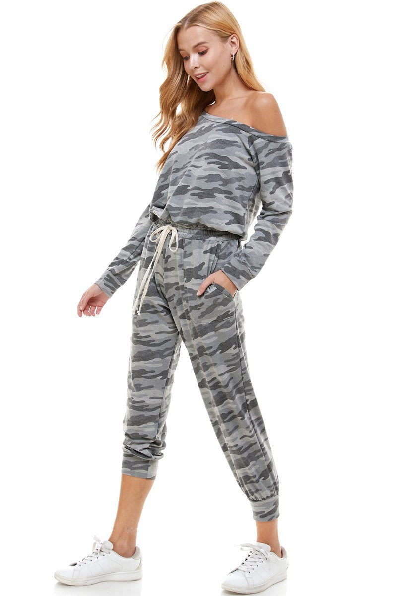 Camo Off Shoulder Long Sleeve French Terry Jumpsuit