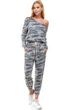 Load image into Gallery viewer, Camo Off Shoulder Long Sleeve French Terry Jumpsuit
