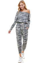 Load image into Gallery viewer, Camo Off Shoulder Long Sleeve French Terry Jumpsuit
