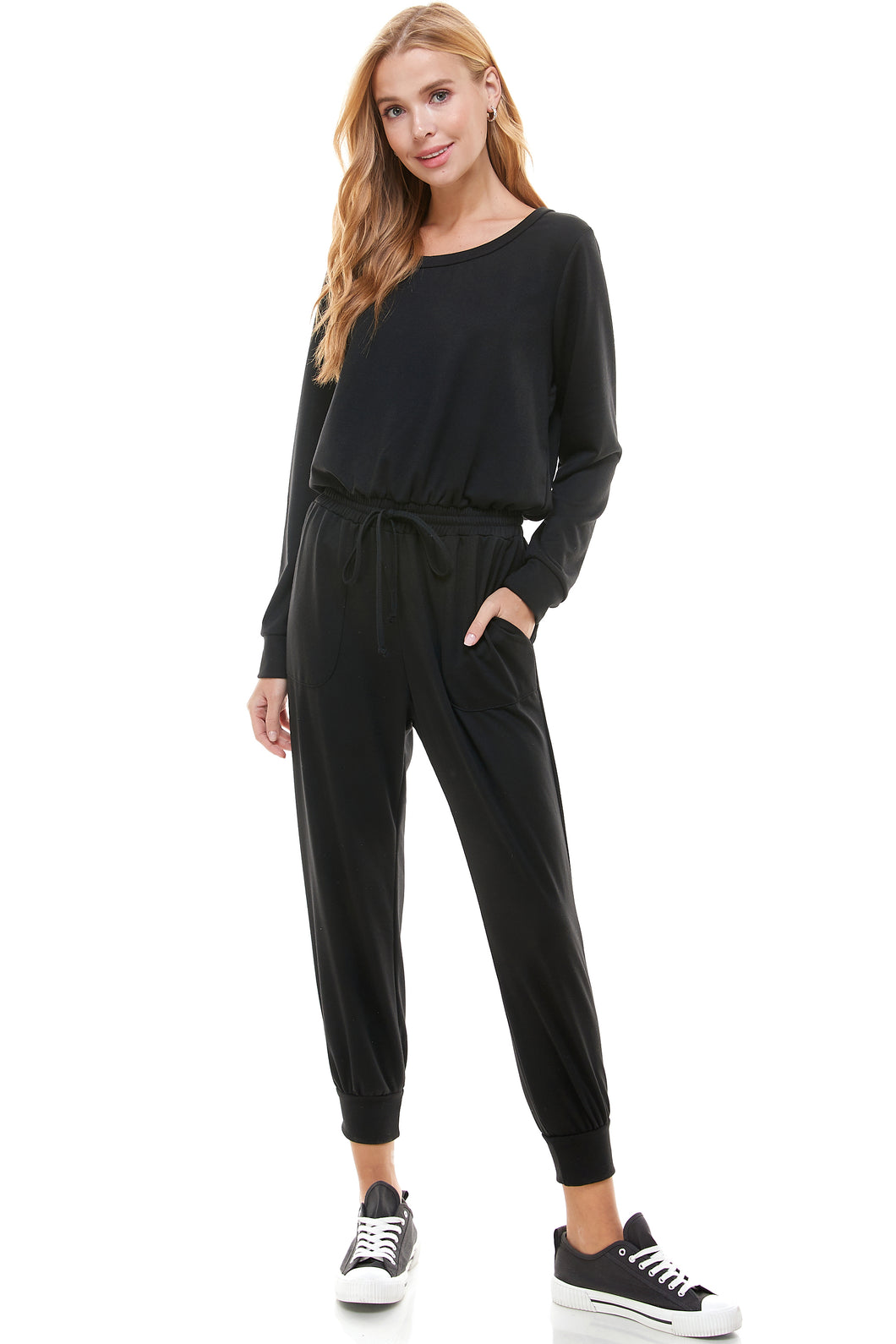 Long Sleeve French Terry Jumpsuit - Black
