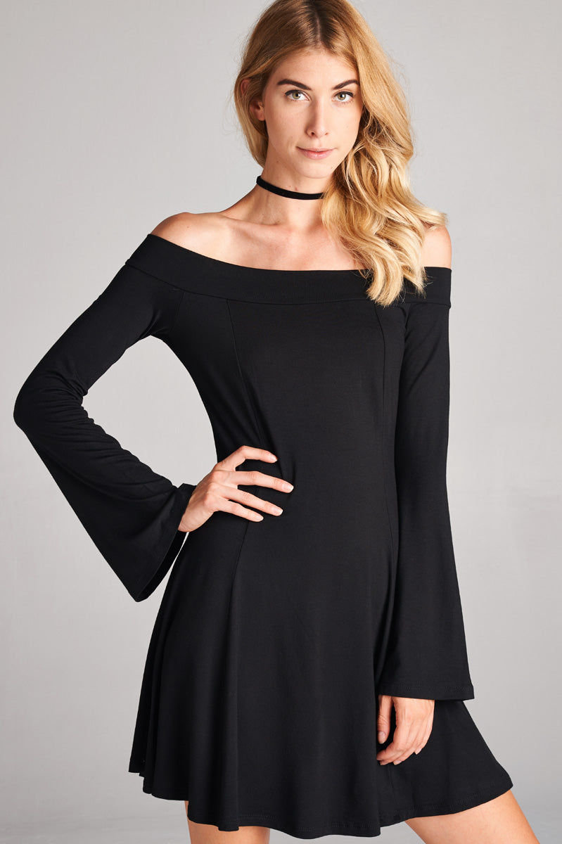 Off Shoulder Bell Long Sleeve Mini Dress - Black