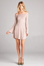 Load image into Gallery viewer, Off Shoulder Bell Long Sleeve Mini Dress - Mocha
