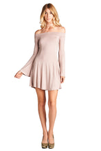 Load image into Gallery viewer, Off Shoulder Bell Long Sleeve Mini Dress - Mocha

