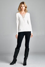 Load image into Gallery viewer, T20077 | Solid Long Sleeve V Neck Cross String Tie - Ivory
