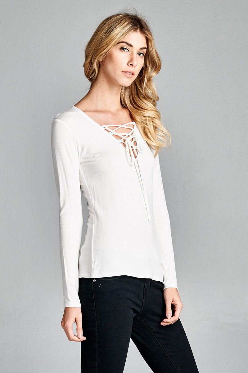 T20077 | Solid Long Sleeve V Neck Cross String Tie - Ivory