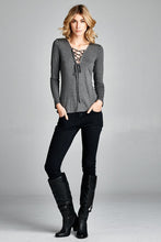 Load image into Gallery viewer, T20077 | Solid Long Sleeve V Neck Cross String Tie - Charcoal
