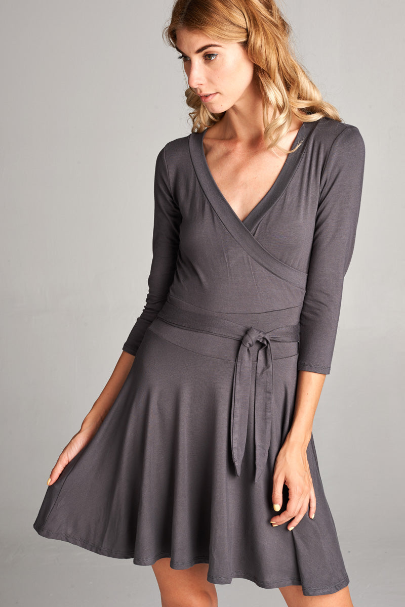 Surplice Solid V Neck Mini Dress - Dark Gray