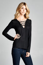 Load image into Gallery viewer, T20077 | Solid Long Sleeve V Neck Cross String Tie - Black
