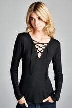 Load image into Gallery viewer, T20077 | Solid Long Sleeve V Neck Cross String Tie - Black
