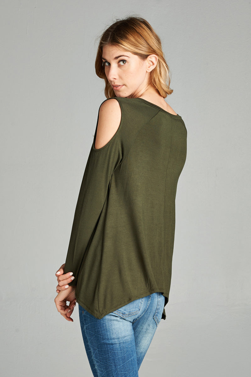 Cold Shoulder Long Sleeve Top -Olive