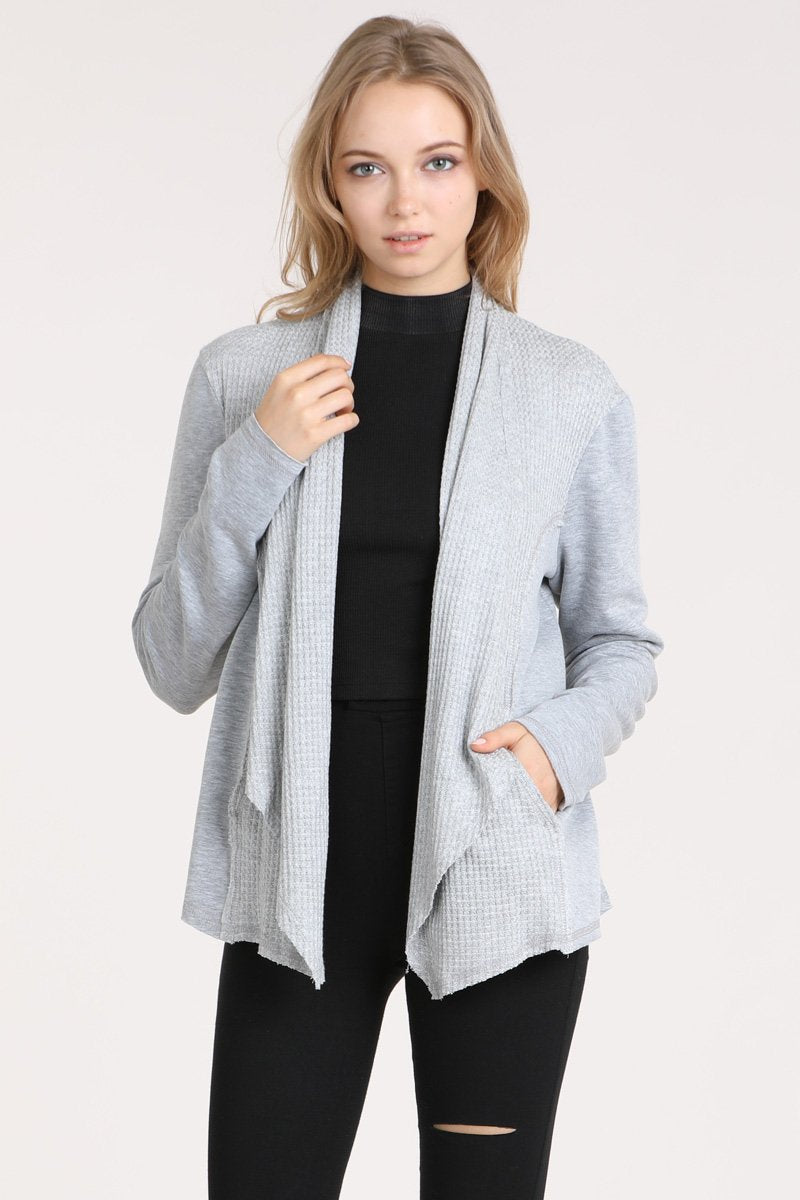 Waffle Thermal Long Sleeve Open Front Raw Edge Cardigan - Heather Gray